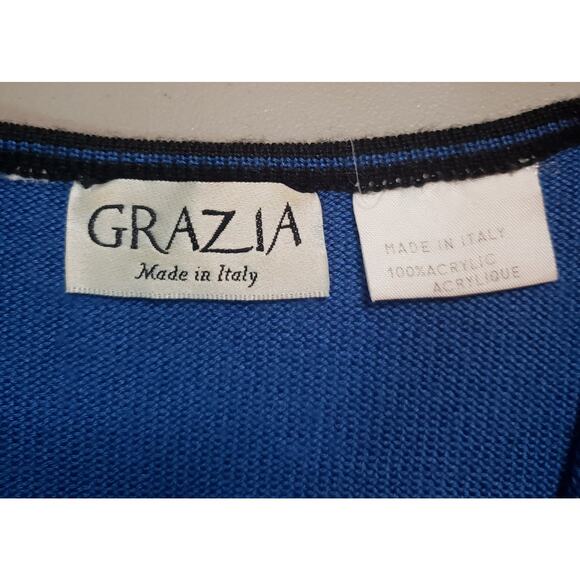 VTG Grazia Italy 80s Knit Cardigan XL Cobalt Black Striped Double Breasted - Picture 2 of 7